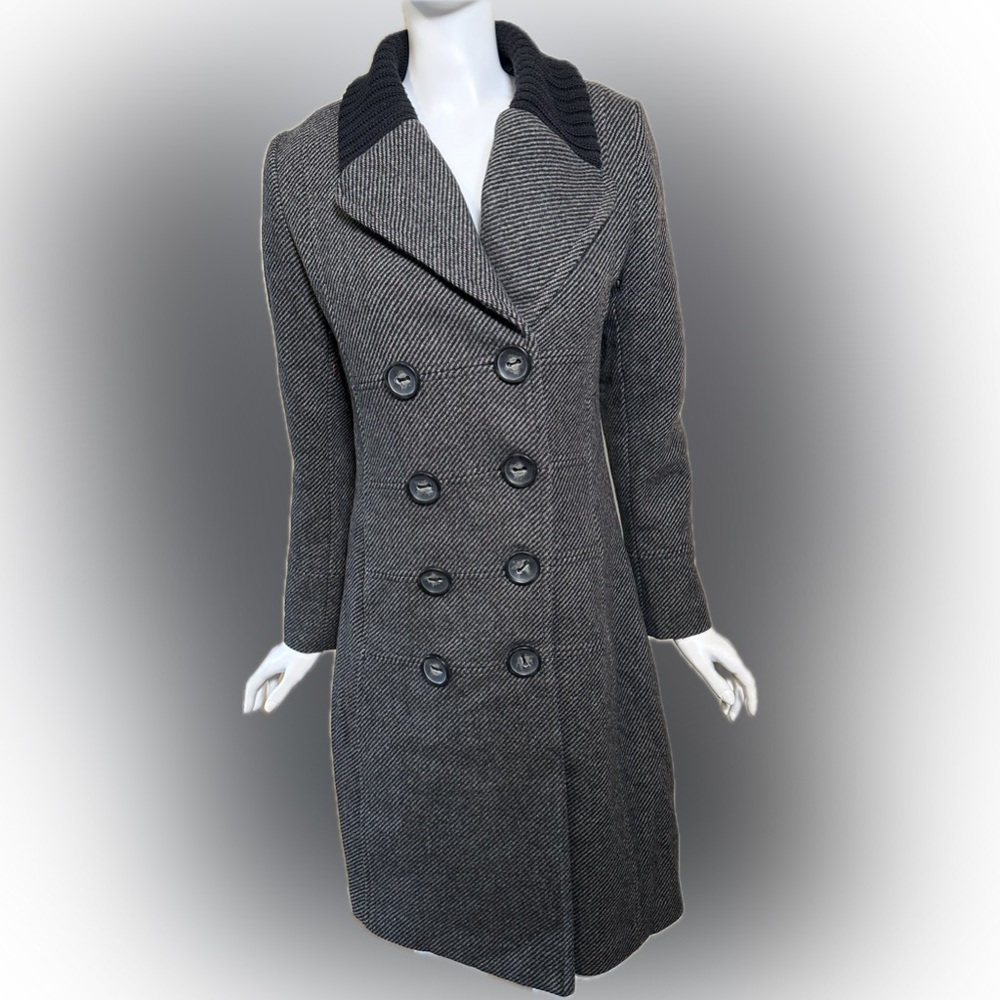L Spiewak & Sons Wool Gray Black Stiped Button Jacket Pea Coat Knee Length Small